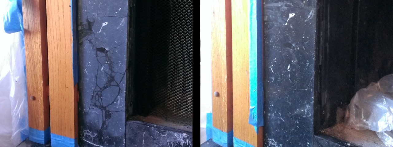 Stone fireplace restoration, before and after