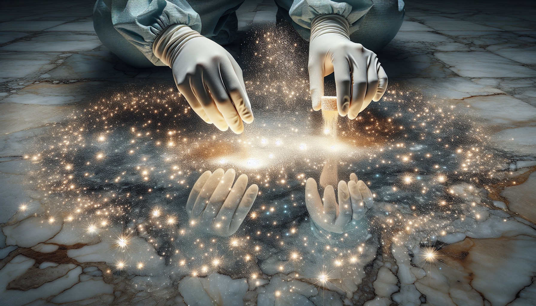 Artistic representation of polishing powder application