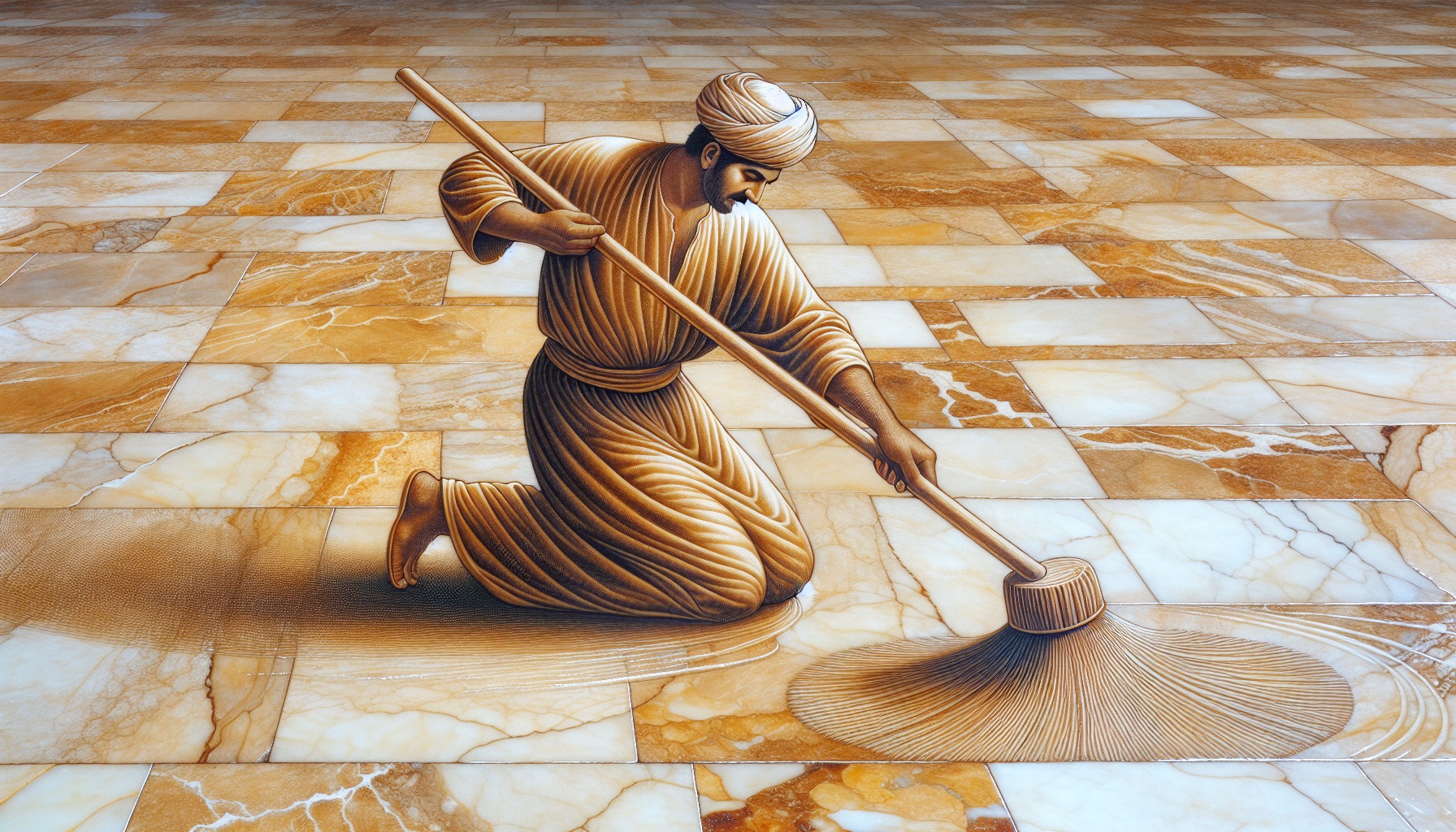 Artistic depiction of damp mopping travertine floors