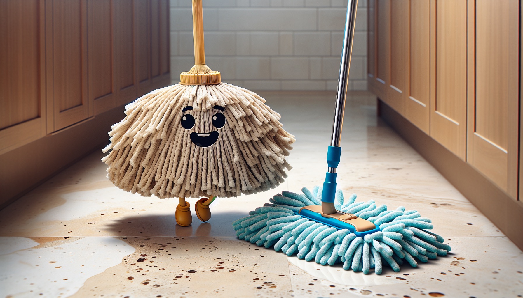 Cartoon of soft broom and microfiber mop