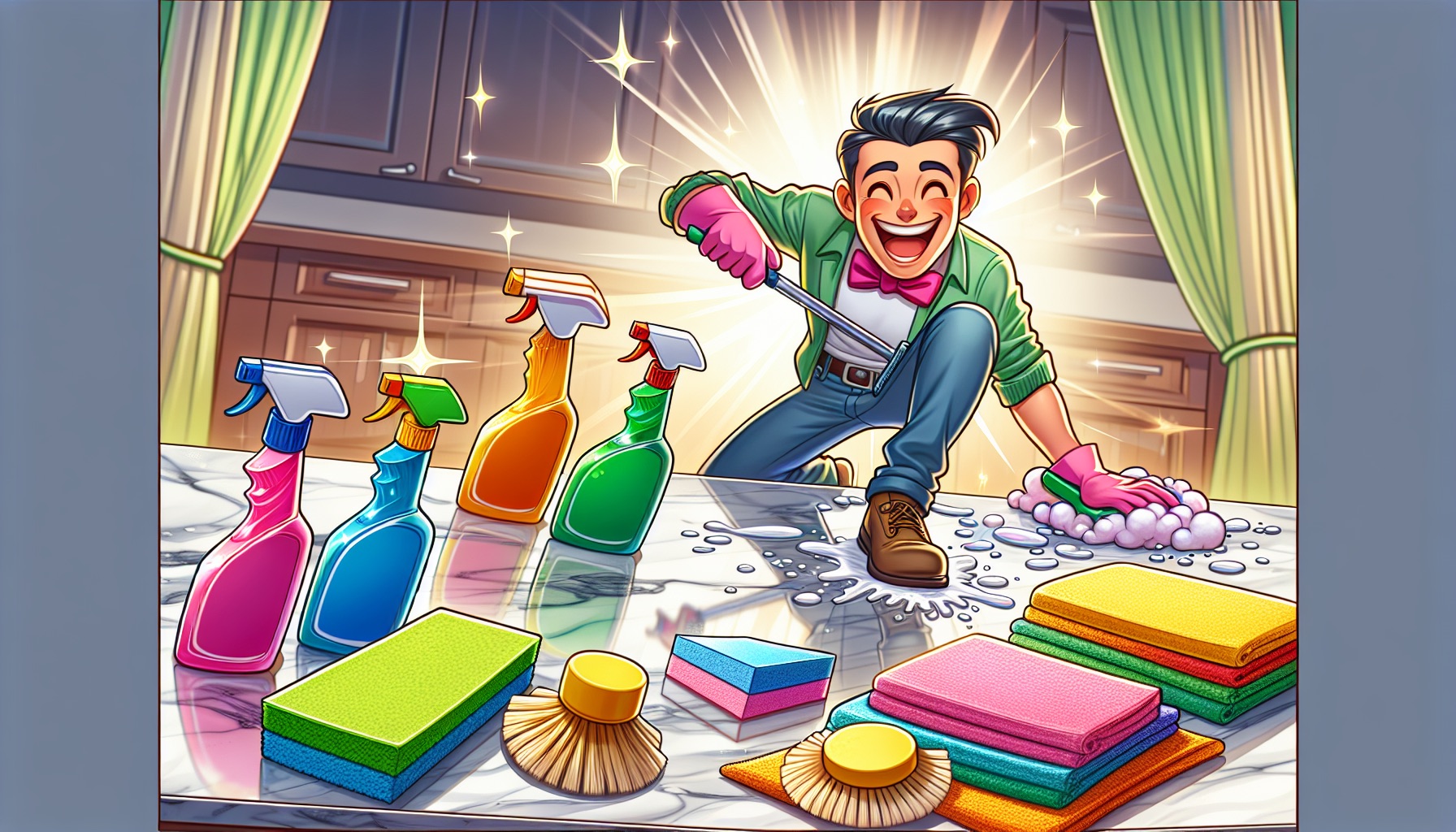 A cartoon depicting DIY marble restoration techniques including cleaning and polishing.