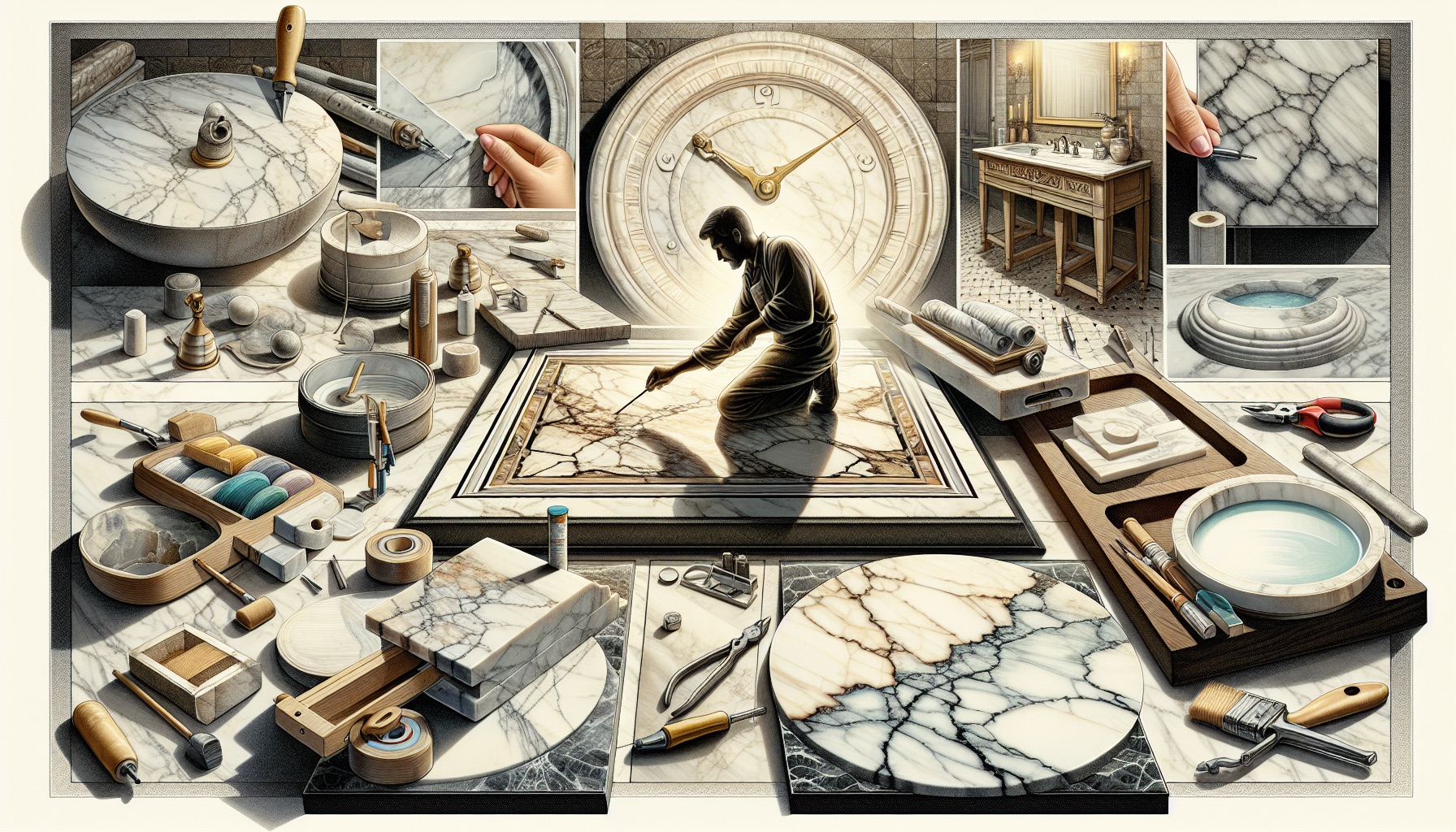 An artistic representation of common issues in marble restoration, such as stains and etching.