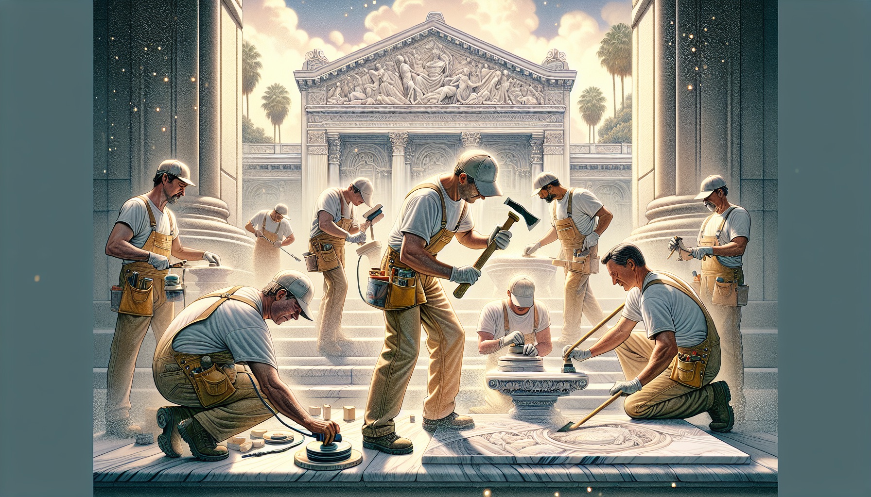 An artistic representation of a professional marble restoration service in action in California.