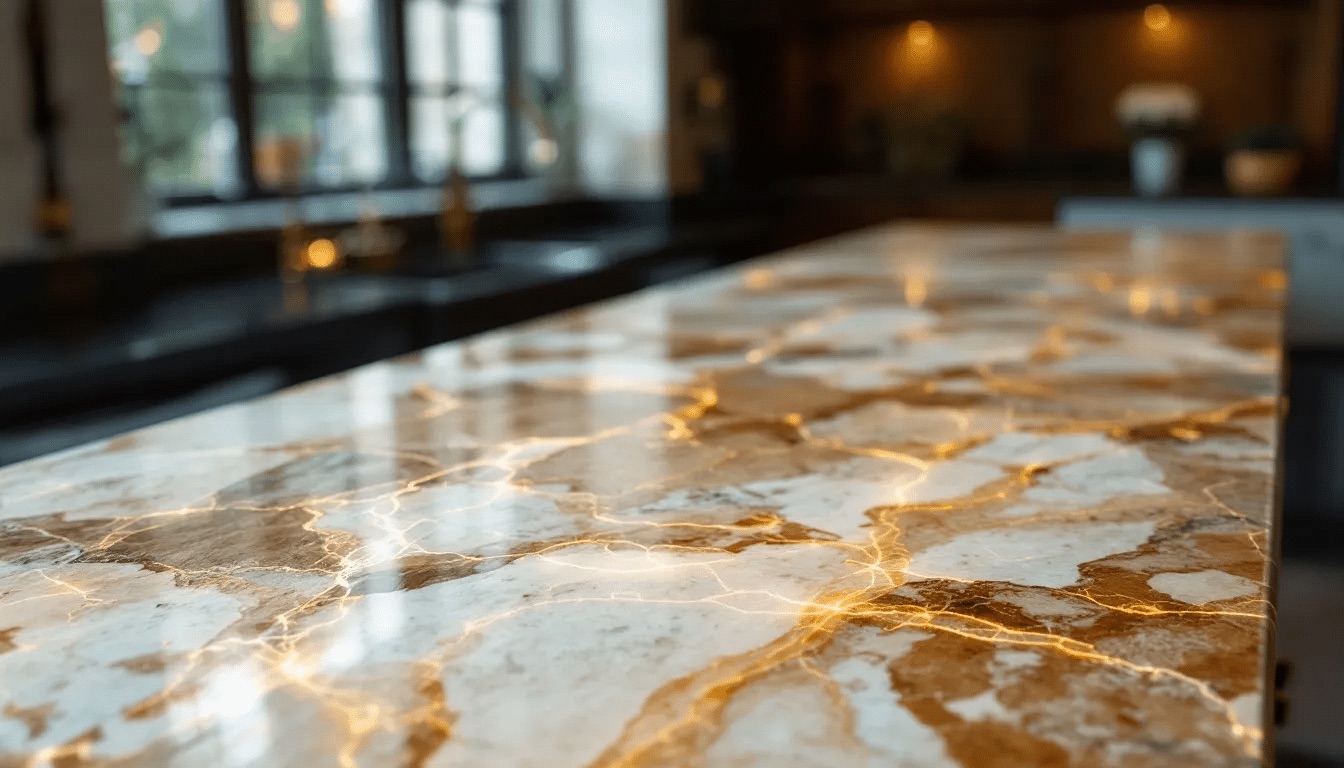 Different types of travertine sealers displayed on a countertop.