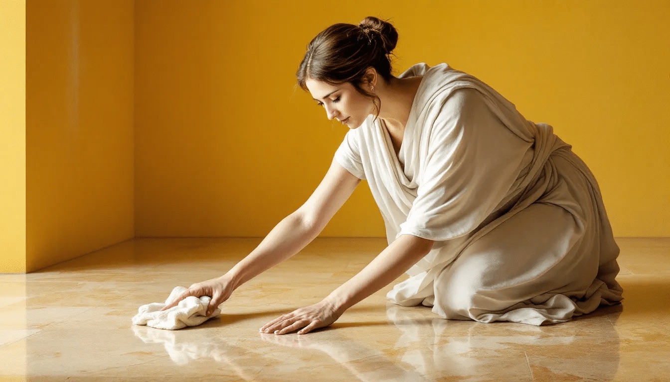 A person cleaning a travertine surface with a soft cloth.