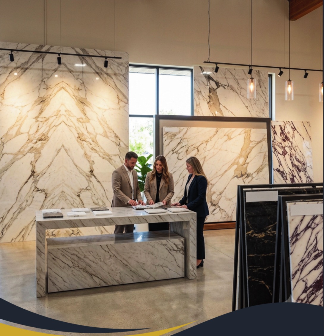 A designer and two clients reviewing marble slab samples at the Castles Home Service showroom