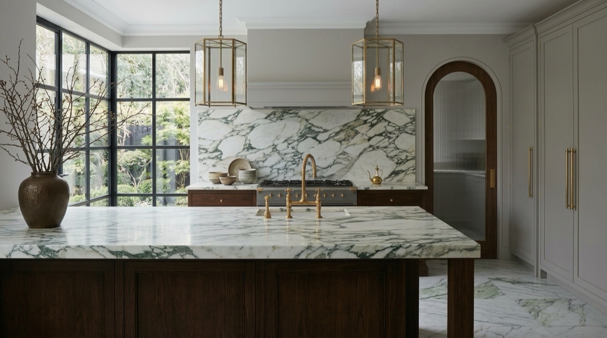 Green-veined marble island and backsplash under brass lanterns, covered by the AntiEtch&reg; lifetime warranty against etching and staining
