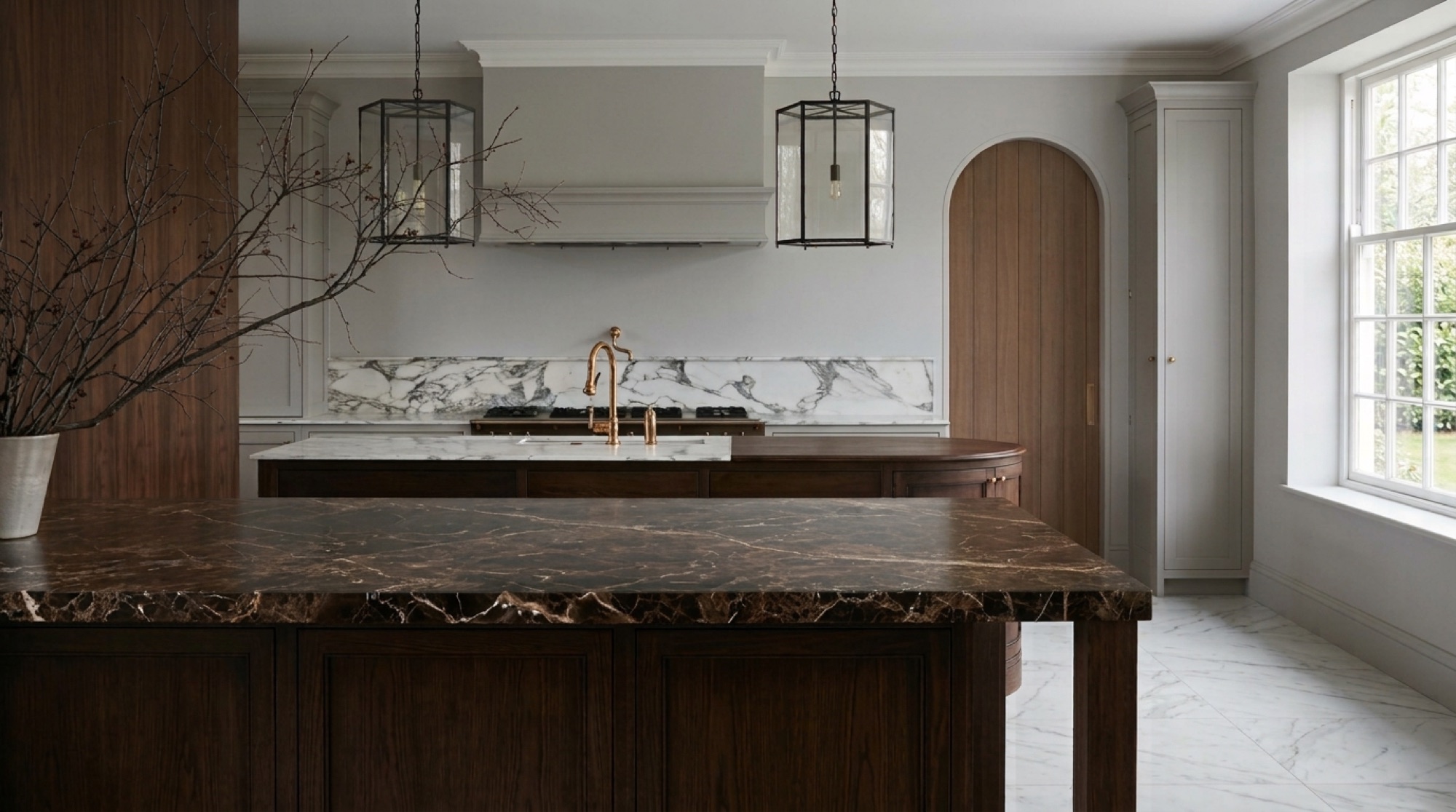 Dark-veined marble island in a walnut and cream kitchen, treated with factory-applied AntiEtch&reg; before installation