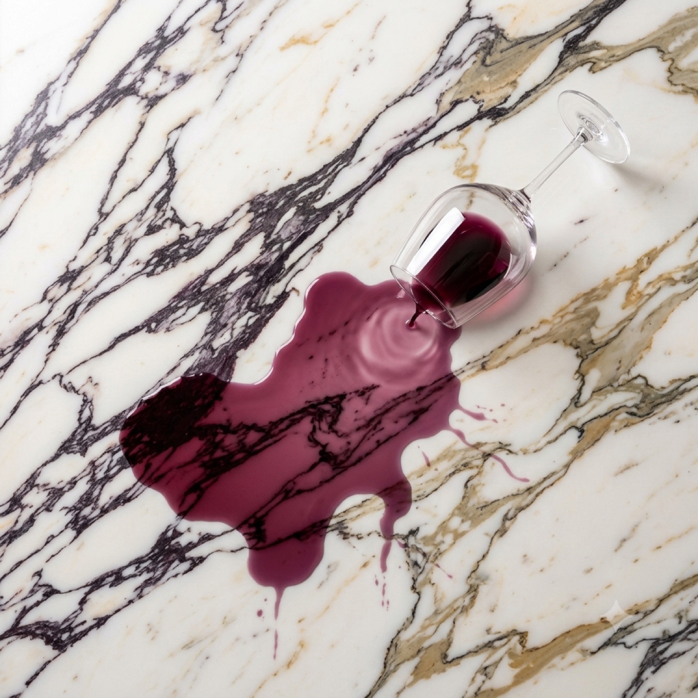 Red wine spilled from a tipped glass across Calacatta Viola marble, beading on the treated surface